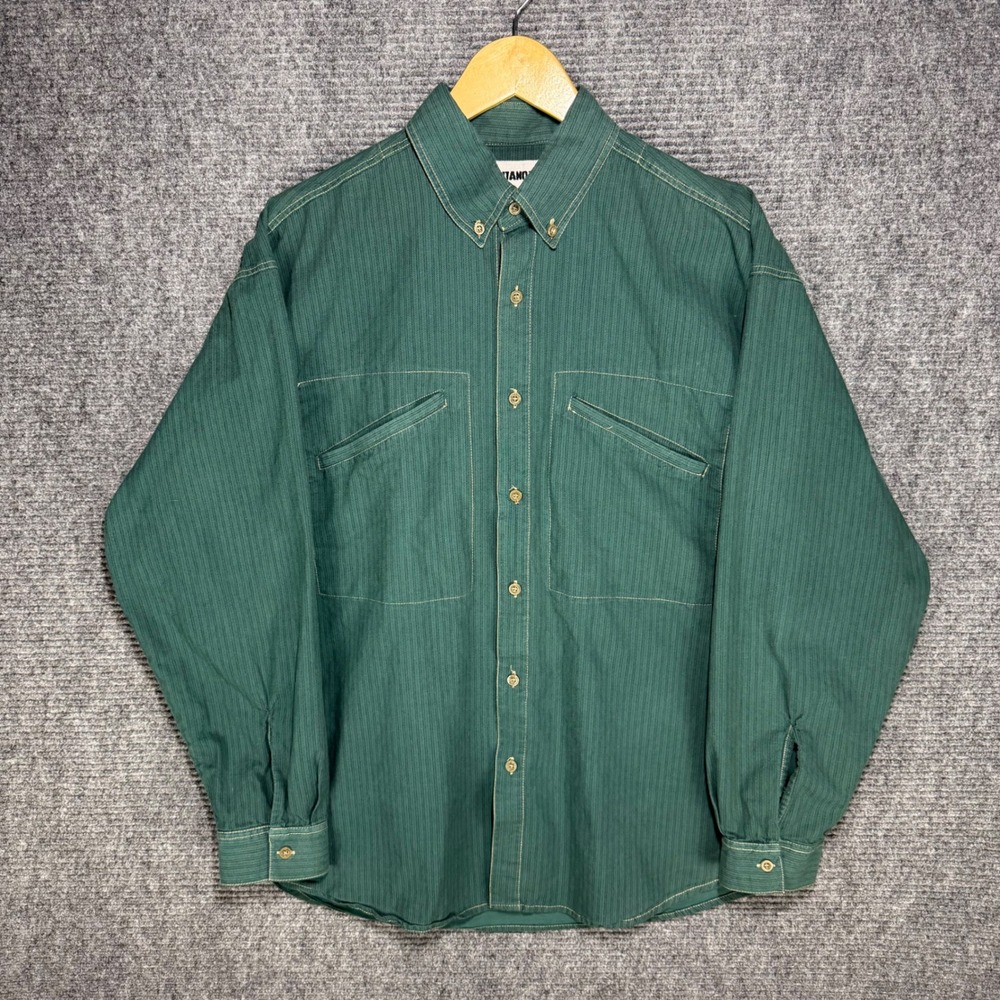 Vintage 90s Gitano Mens Green Striped Cotton Button Down Shirt Large Pockets M